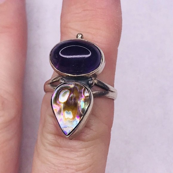 Sterling Silver Ring Amethyst Abalone Cab Stones Size 7 925 Night Signed - Picture 8 of 10